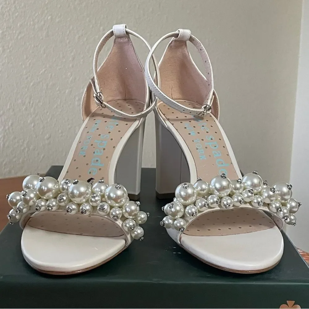 NIB Kate Spade Rosa Pearly Stud Ankle-strap Block Heels Ivory Parchment Size 6.5